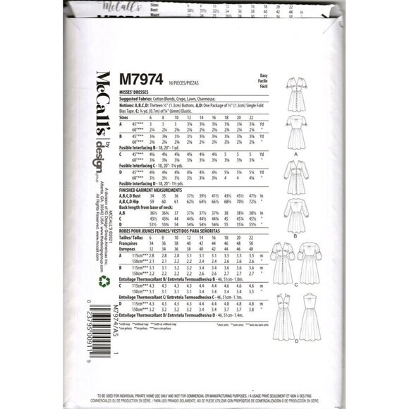 McCall's M7974 Misses 6 to 14 Button Front Dress Uncut Sewing Pattern New - Picture 2 of 2